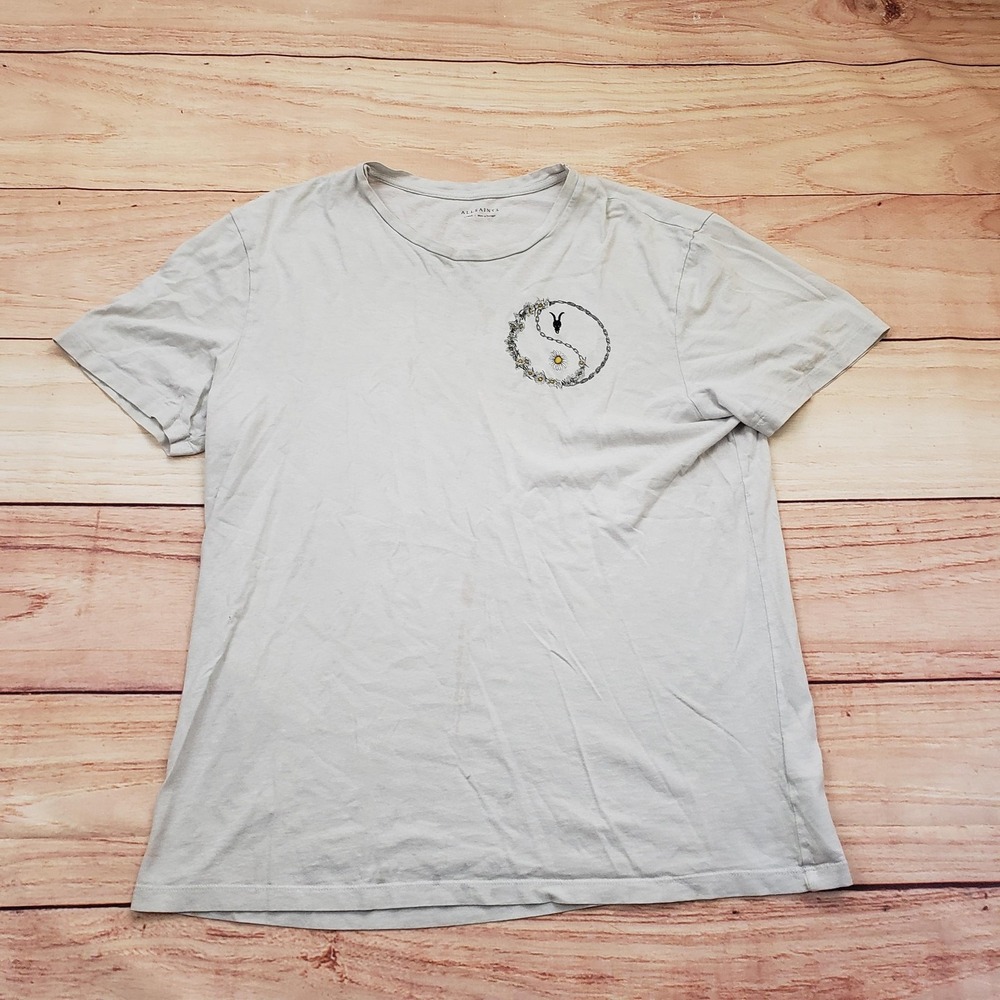 AllSaints Shirt Mens Large Light Gray Daisy Chain‎ SS Crew Graphic Yin Yang Tee